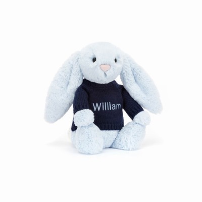 Jellycat Bashful Blue Bunny with Navy Jumper USA | 09578COFY